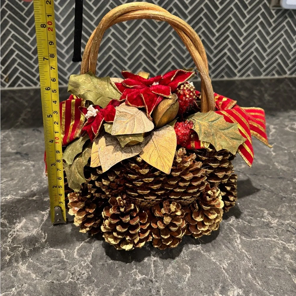 ❗️Crate & Barrel Festive Pinecone Basket with Red Accents